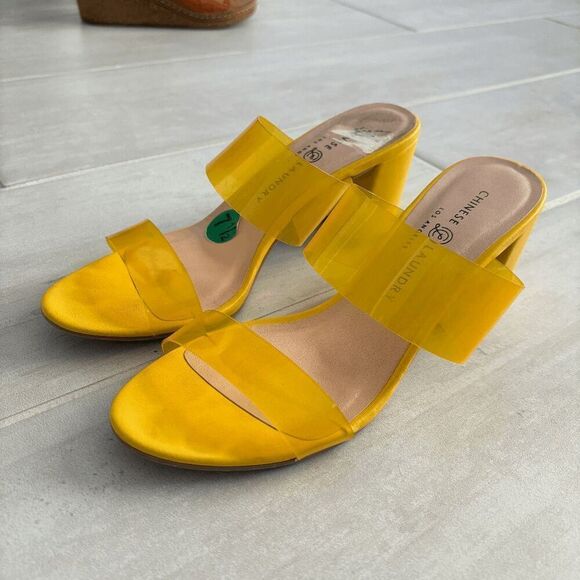 Chinese Laundry Women's Heeled Sandal Yellow Vinyl Straps Open Toe Chunky Heel - Picture 4 of 7